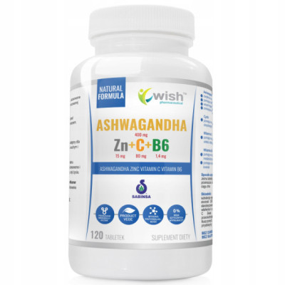 ASHWAGANDHA + Zn CYNK + WITAMINA C + B6 120tabl WISH wsparcie UKŁAD NERWOWY