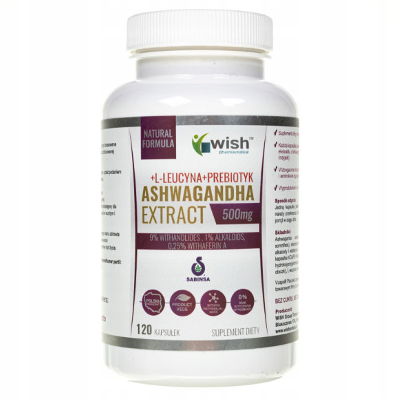 ASHWAGANDHA 500mg +L-LEUCYNA +PREBIOTYK 120kaps na 4mce WISH wsparcie STRES ASHWAGANDHA 500mg +L-LEUCYNA +PREBIOTYK 120kaps na 4mce WISH wsparcie STRES