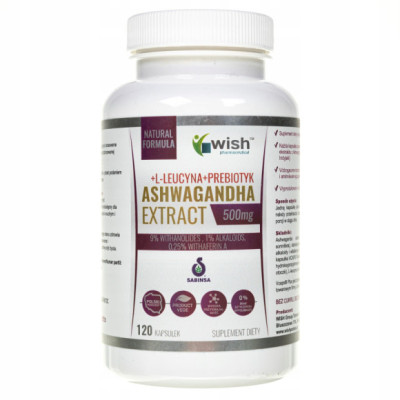 ASHWAGANDHA 500mg +L-LEUCYNA +PREBIOTYK 120kaps na 4mce WISH wsparcie STRES