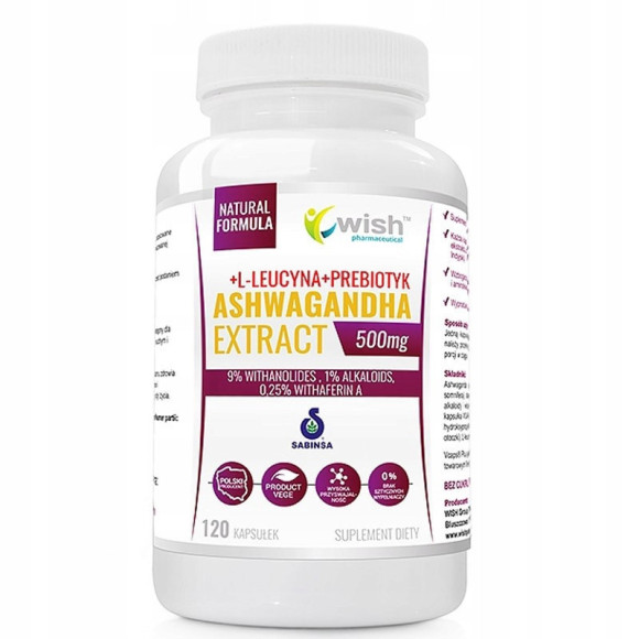 ASHWAGANDHA 500mg +L-LEUCYNA +PREBIOTYK 120kaps na 4mce WISH wsparcie STRES ASHWAGANDHA 500mg +L-LEUCYNA +PREBIOTYK 120kaps na 4mce WISH wsparcie STRES