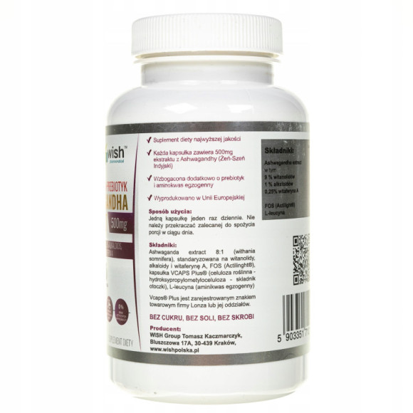 ASHWAGANDHA 500mg +L-LEUCYNA +PREBIOTYK 120kaps na 4mce WISH wsparcie STRES ASHWAGANDHA 500mg +L-LEUCYNA +PREBIOTYK 120kaps na 4mce WISH wsparcie STRES