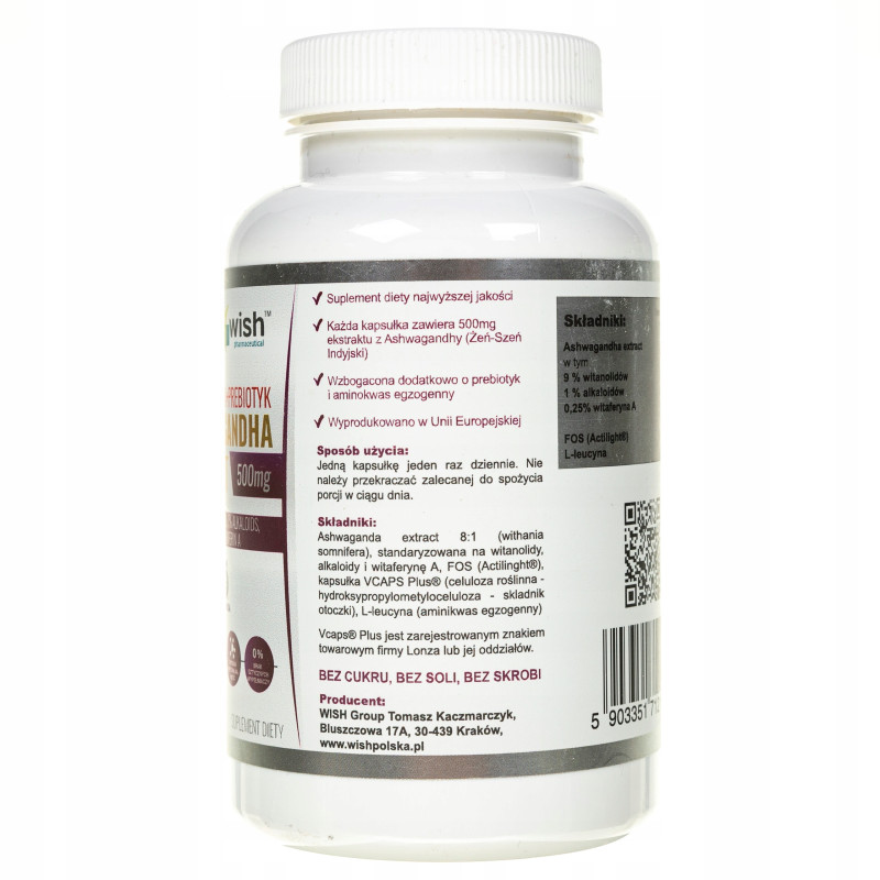 ASHWAGANDHA 500mg +L-LEUCYNA +PREBIOTYK 120kaps na 4mce WISH wsparcie STRES