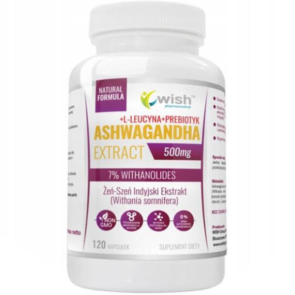 ASHWAGANDHA 500mg +L-LEUCYNA +PREBIOTYK 120kaps na 4mce WISH wsparcie STRES ASHWAGANDHA 500mg +L-LEUCYNA +PREBIOTYK 120kaps na 4mce WISH wsparcie STRES