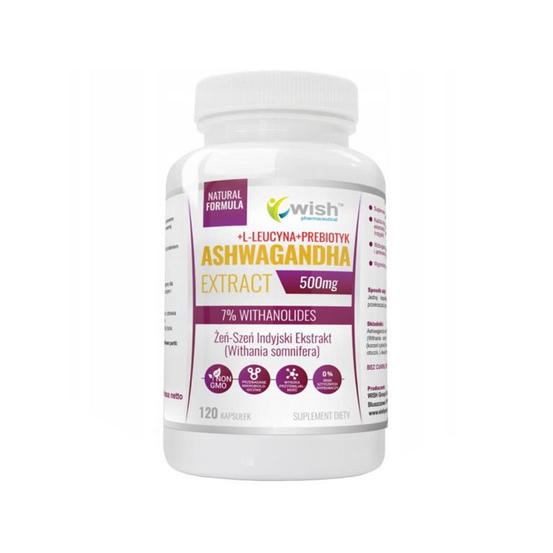 ASHWAGANDHA 500mg +L-LEUCYNA +PREBIOTYK 120kaps na 4mce WISH wsparcie STRES