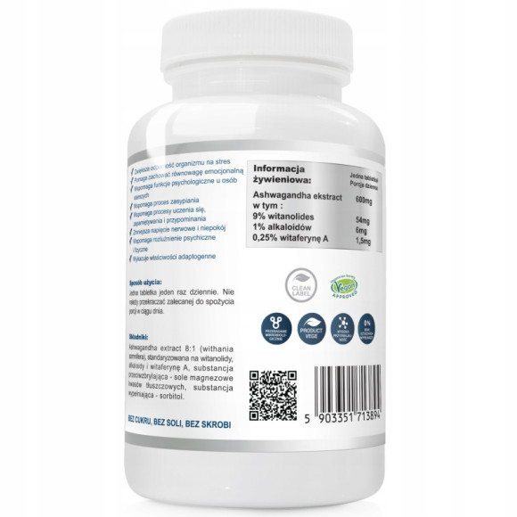 ASHWAGANDHA ekstrakt 600mg 90tbl na 3 mce WISH wsparcie STRES Układ NERWOWY ASHWAGANDHA ekstrakt 600mg 90tbl na 3 mce WISH wsparcie STRES Układ NERWOWY