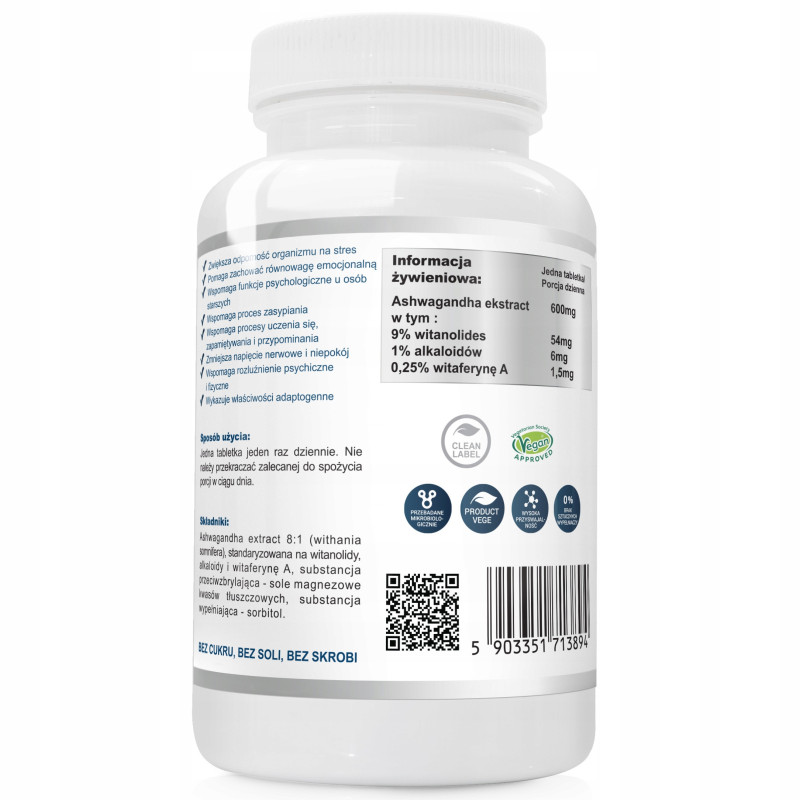 ASHWAGANDHA ekstrakt 600mg 90tbl na 3 mce WISH wsparcie STRES Układ NERWOWY