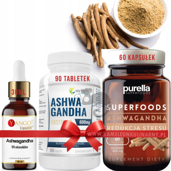 ASHWAGANDHA zestaw TABLETKI KAPSUŁKI KROPLE - STRES SEN PAMIĘĆ KONCENTRACJA ASHWAGANDHA zestaw TABLETKI KAPSUŁKI KROPLE - STRES SEN PAMIĘĆ KONCENTRACJA
