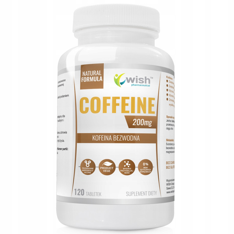 COFFEINE KOFEINA BEZWODNA 200mg 120tabl WISH wsparcie KONCENTRACJA NASTRÓJ