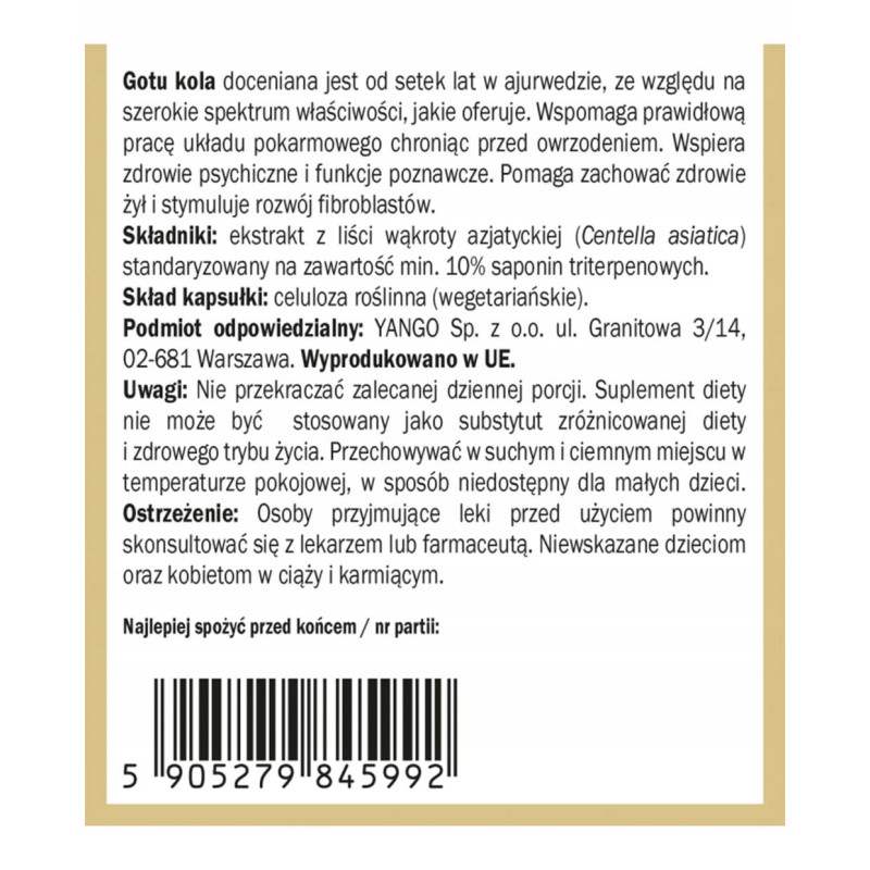 Yango GOTU KOLA 100kaps. Wąkrota Azjatycka PRAWIDŁOWA PRACA MÓZGU SERCA