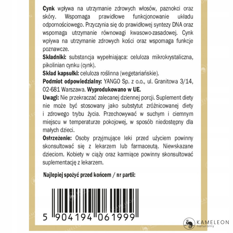 CYNK FORMA ORGANICZNA 90kaps YANGO wsparcie: ODPORNOŚĆ PŁODNOŚĆ SKÓRA WŁOSY