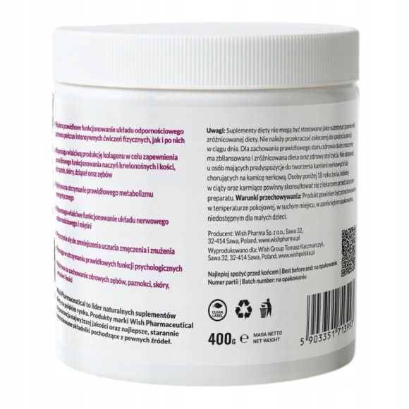 MAGNEZ cytrynian + DZIKA RÓŻA + WIT. C 1000mg w proszku WISH 400g PORZECZKA MAGNEZ cytrynian + DZIKA RÓŻA + WIT. C 1000mg w proszku WISH 400g PORZECZKA