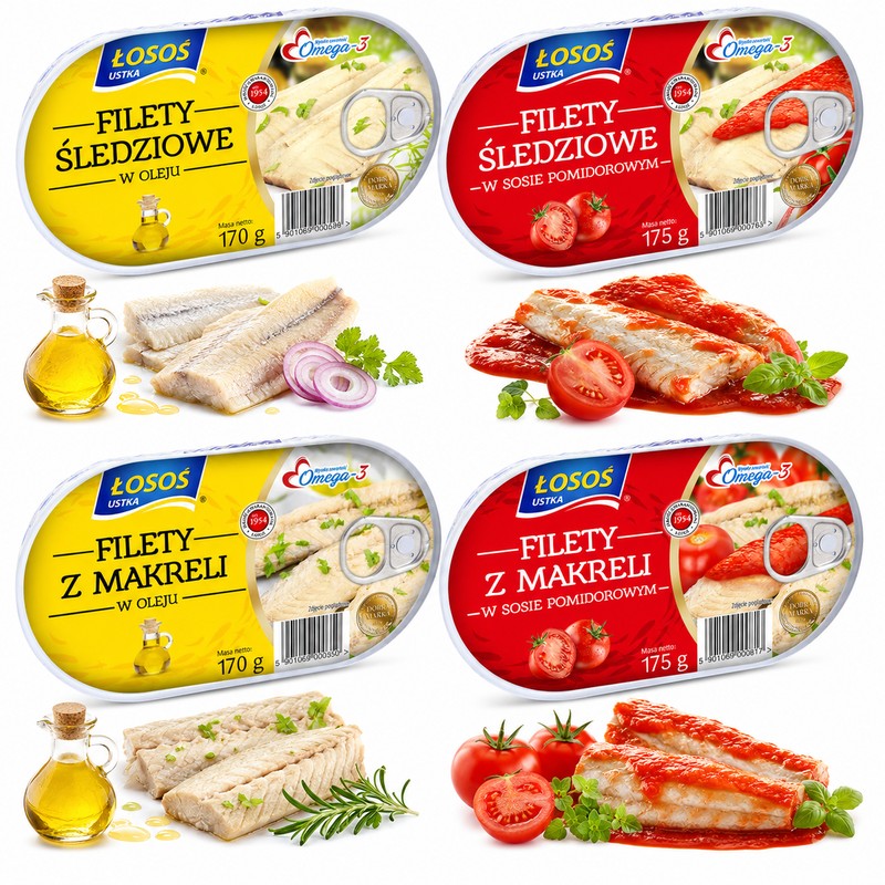 Łosoś Ustka FILETY ŚLEDZIOWE I Z MAKRELI W OLEJU I SOSIE