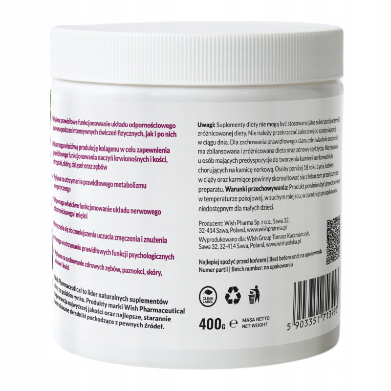 MAGNEZ cytrynian + DZIKA RÓŻA + WIT. C 1000mg w proszku WISH 400g PORZECZKA