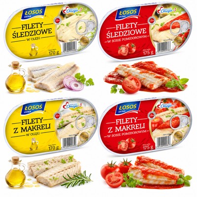 Łosoś Ustka FILETY ŚLEDZIOWE I Z MAKRELI W OLEJU I SOSIE