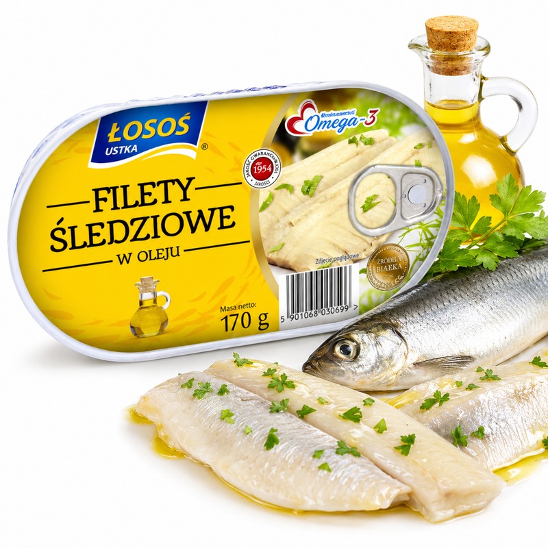 Łosoś Ustka FILETY ŚLEDZIOWE I Z MAKRELI W OLEJU I SOSIE