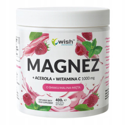 MAGNEZ cytrynian magnezu + ACEROLA +WIT C 1000mg w proszku WISH 400g MALINA