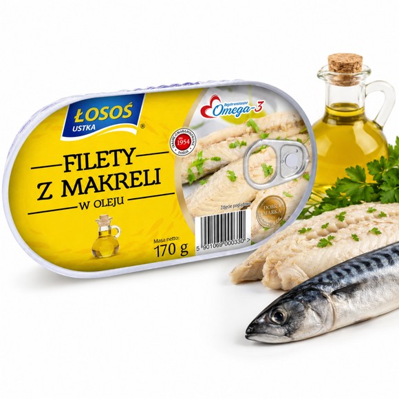 Łosoś Ustka FILETY ŚLEDZIOWE I Z MAKRELI W OLEJU I SOSIE