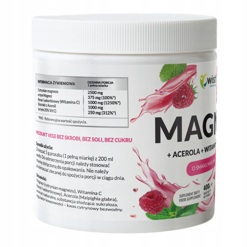 MAGNEZ cytrynian magnezu + ACEROLA +WIT C 1000mg w proszku WISH 400g MALINA