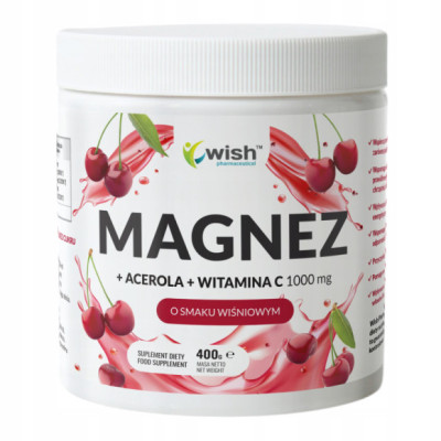 MAGNEZ cytrynian magnezu + ACEROLA +WIT C 1000mg w proszku WISH 400g WIŚNIA