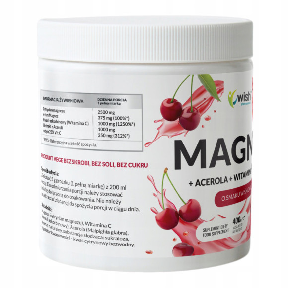 MAGNEZ cytrynian magnezu + ACEROLA +WIT C 1000mg w proszku WISH 400g WIŚNIA MAGNEZ cytrynian magnezu + ACEROLA +WIT C 1000mg w proszku WISH 400g WIŚNIA