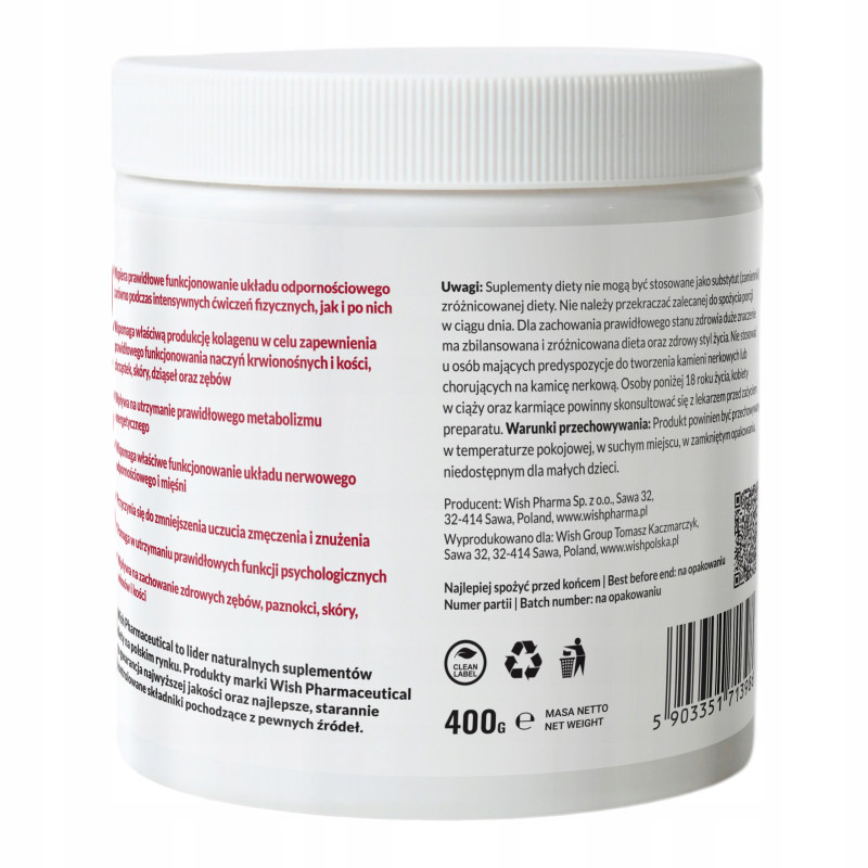 MAGNEZ cytrynian magnezu + ACEROLA +WIT C 1000mg w proszku WISH 400g WIŚNIA