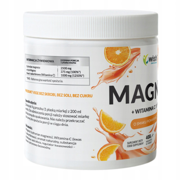 MAGNEZ cytrynian magnezu +WITAMINA C 1000mg w proszku WISH 400g POMARAŃCZA