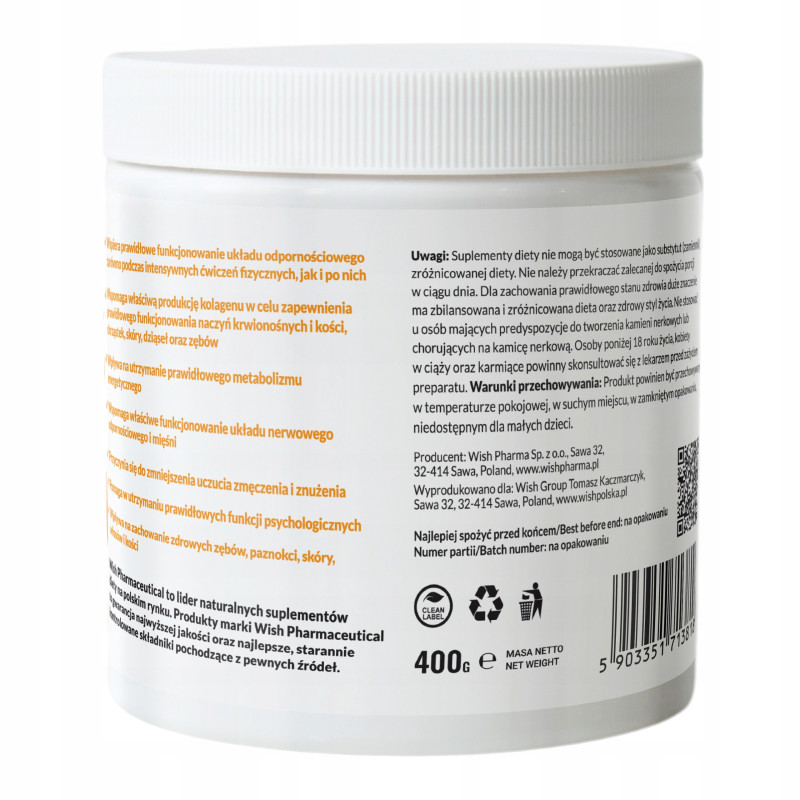 MAGNEZ cytrynian magnezu +WITAMINA C 1000mg w proszku WISH 400g POMARAŃCZA