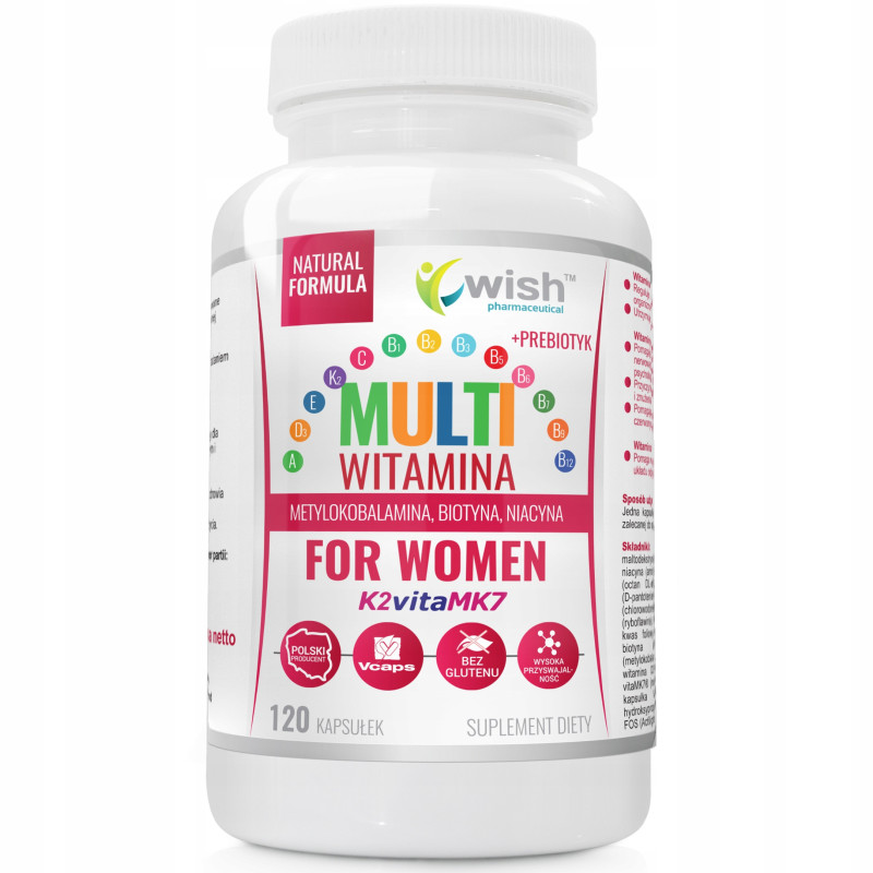 MULTIWITAMINA COMPLEX WITAMIN DLA KOBIET D3 K2 A C E z grupy B 120kaps WISH