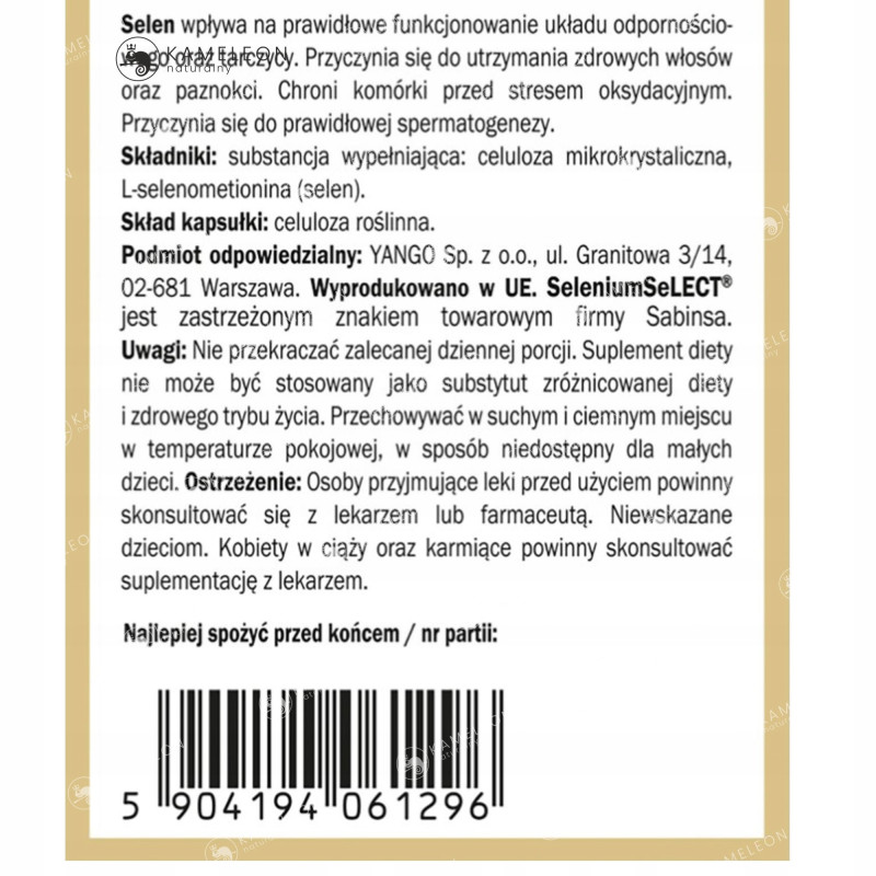 SELEN FORMA ORGANICZNA 90kaps YANGO wsparcie: ODPORNOŚĆ TARCZYCA WŁOSY