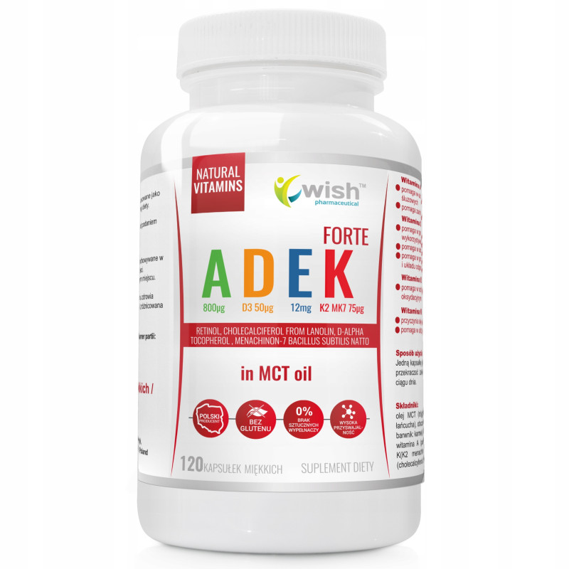WISH ADEK forte KOMPLEKS WITAMIN 100% naturalne A D3 E K2 MCT oil 120kaps