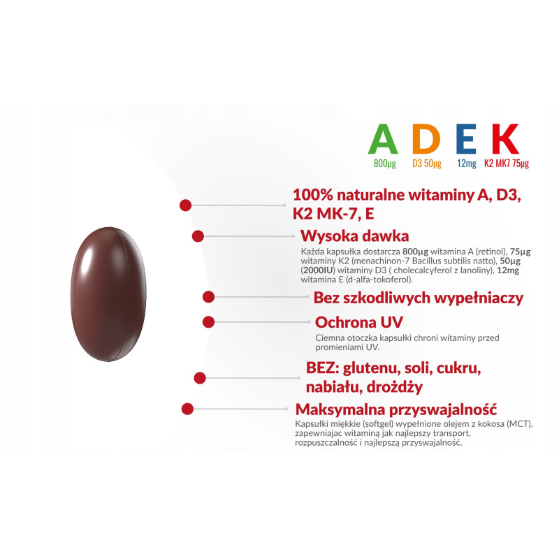 WISH ADEK forte KOMPLEKS WITAMIN 100% naturalne A D3 E K2 MCT oil 120kaps