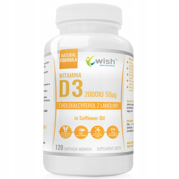 WISH WITAMINA D3 2000IU 50 mikrogram w oleju z krokosza 120kaps wsparcie ODPORNOŚĆ WISH WITAMINA D3 2000IU 50 mikrogram w oleju z krokosza 120kaps wsparcie ODPORNOŚĆ
