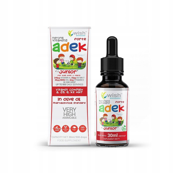 WITAMINA ADEK A D3 E K2 MK7 JUNIOR FORTE w kroplach DLA DZIECI 30ml WISH WITAMINA ADEK A D3 E K2 MK7 JUNIOR FORTE w kroplach DLA DZIECI 30ml WISH