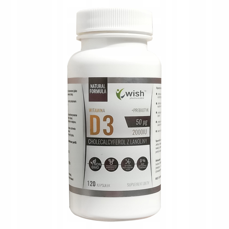 WITAMINA D3 2000IU 50mikrogram + PREBIOTYK 120 kapsułek WISH wsparcie ODPORNOŚĆ
