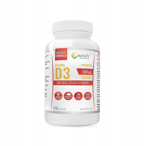WITAMINA D3 4000IU 100mikrogram MEGA DAWKA + PREBIOTYK 100% WEGAN 120kaps WISH WITAMINA D3 4000IU 100mikrogram MEGA DAWKA + PREBIOTYK 100% WEGAN 120kaps WISH