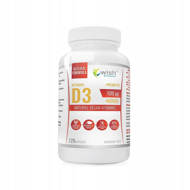 WITAMINA D3 4000IU 100mikrogram MEGA DAWKA + PREBIOTYK 100% WEGAN 120kaps WISH