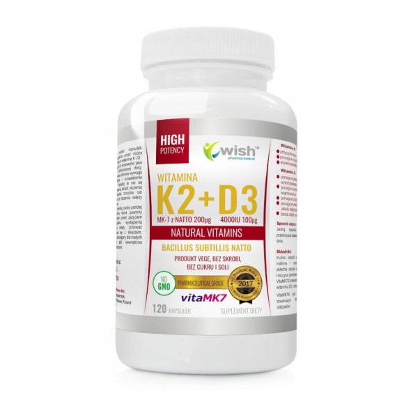 WITAMINA K2 MK7 200mikrogram + D3 4000IU +PREBIOTYK 120kps WISH wsparcie ODPORNOŚĆ WITAMINA K2 MK7 200mikrogram + D3 4000IU +PREBIOTYK 120kps WISH wsparcie ODPORNOŚĆ