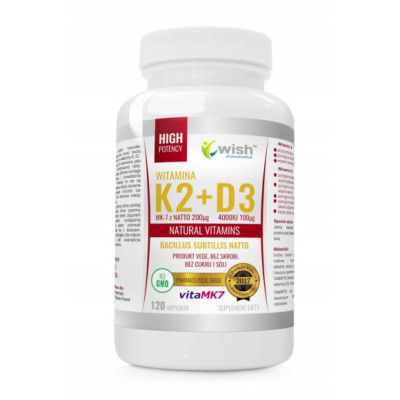 WITAMINA K2 MK7 200mikrogram + D3 4000IU +PREBIOTYK 120kps WISH wsparcie ODPORNOŚĆ