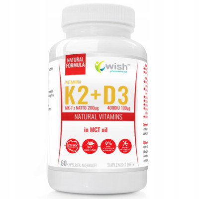 WITAMINA K2 MK7 200mikrogram + D3 4000UI 60 kaps WISH wsparcie ZDROWE MOCNE KOŚCI