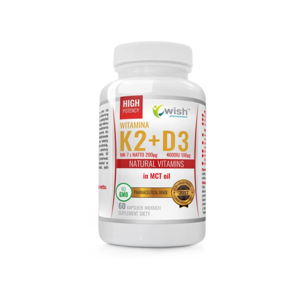 WITAMINA K2 MK7 200mikrogram + D3 4000UI 60 kaps WISH wsparcie ZDROWE MOCNE KOŚCI WITAMINA K2 MK7 200mikrogram + D3 4000UI 60 kaps WISH wsparcie ZDROWE MOCNE KOŚCI