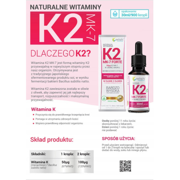 WITAMINA K2 MK7 FORTE Z NATTO 50mikrogram W KROPLACH 30ml 450 dziennych dawek WISH WITAMINA K2 MK7 FORTE Z NATTO 50mikrogram W KROPLACH 30ml 450 dziennych dawek WISH