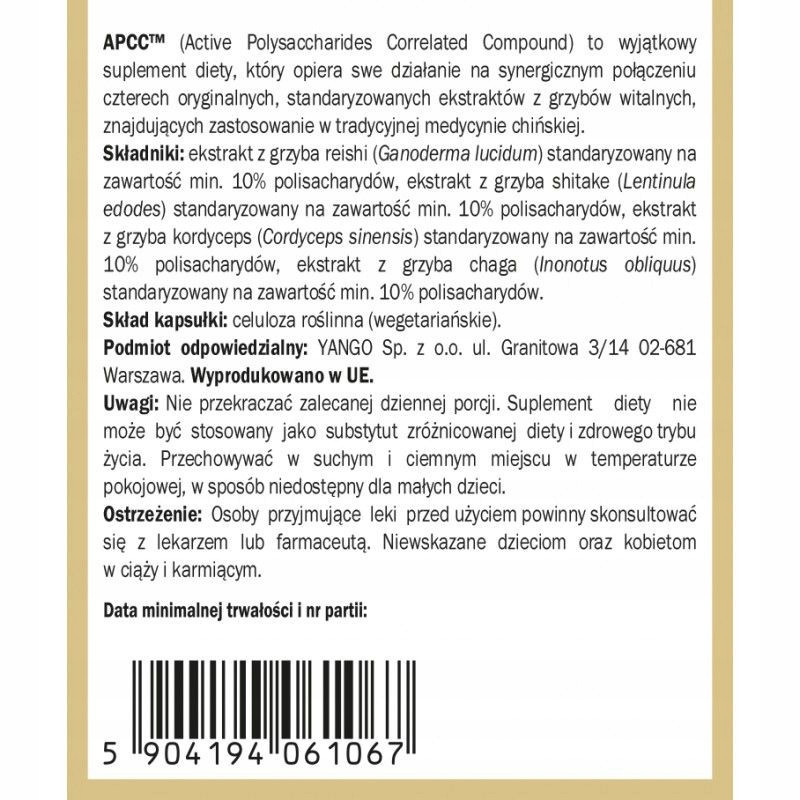Yango APCC grzyby REISHI SHITAKE CHAGA KORDYCEPS 100kps wsparcie: ODPORNOŚĆ
