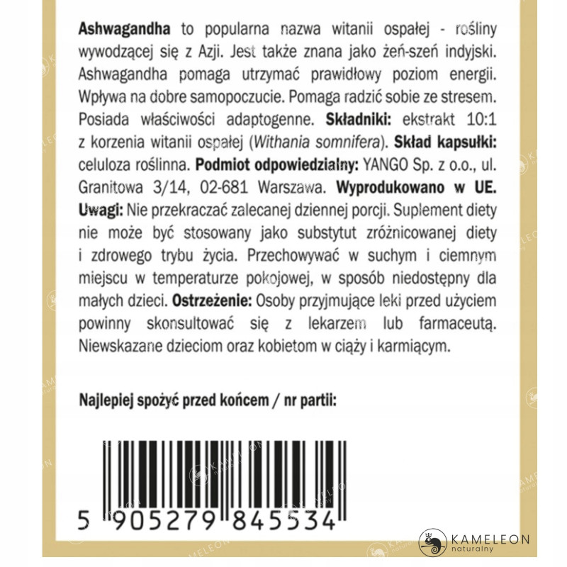 Yango ASHWAGANDHA żeń-szeń indyjski ekstrakt 90kps wsparcie: STRES NIEPOKÓJ
