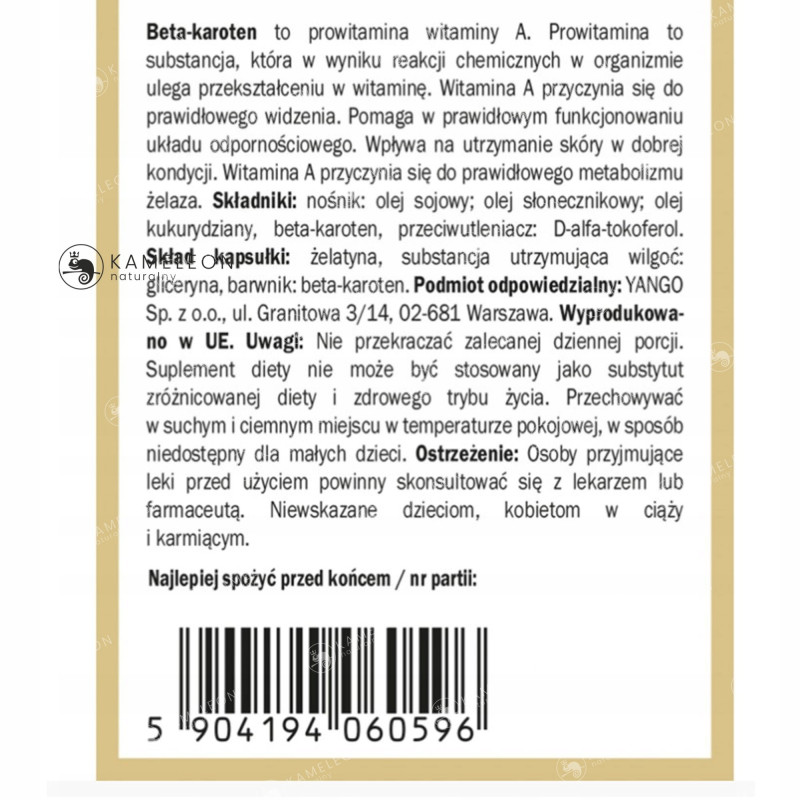 Yango BETA KAROTEN BETA-KAROTEN wsparcie: ODPORNOŚĆ SKÓRA WZROK 90kaps