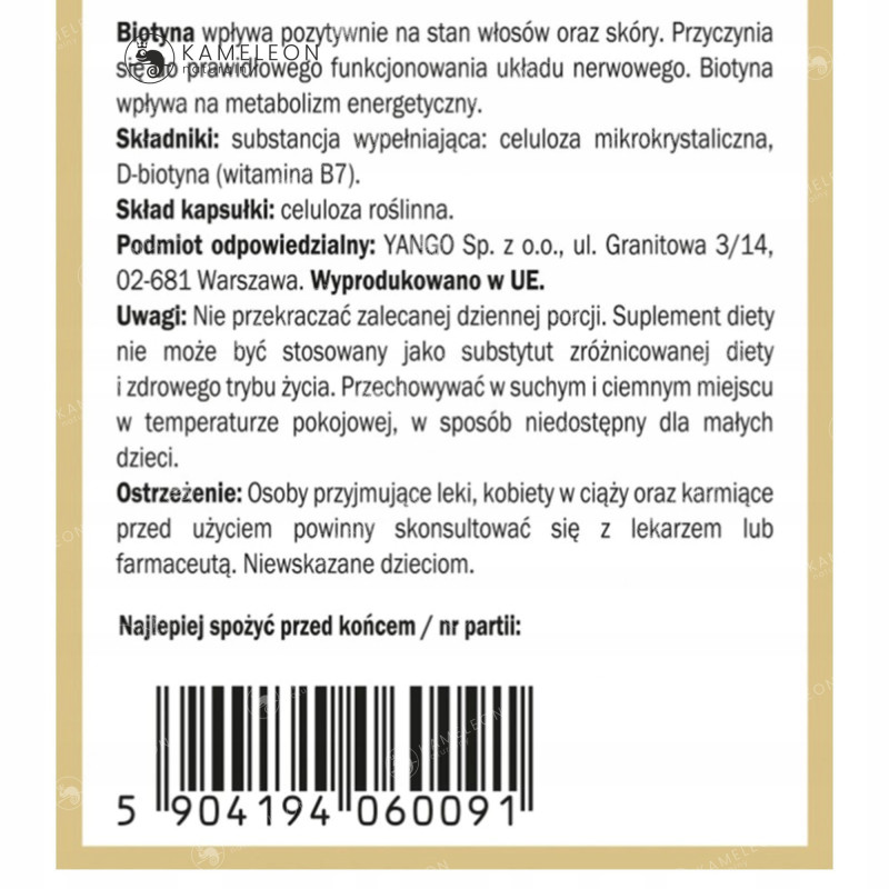 Yango BIOTYNA witamina B7 2500ug wsparcie: WŁOSY SKÓRA PAZNOKCIE 90kaps