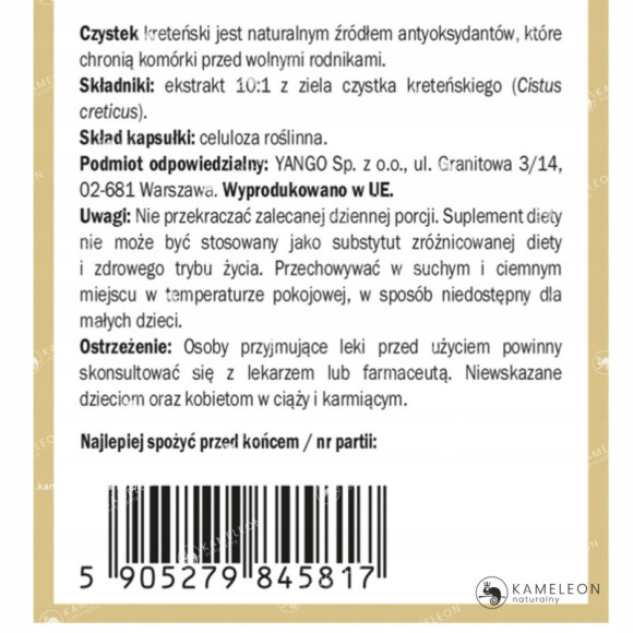 Yango CZYSTEK 400mg ekstrakt wsparcie: ODPORNOŚĆ WZMOCNIENIE 90kaps Yango CZYSTEK 400mg ekstrakt wsparcie: ODPORNOŚĆ WZMOCNIENIE 90kaps