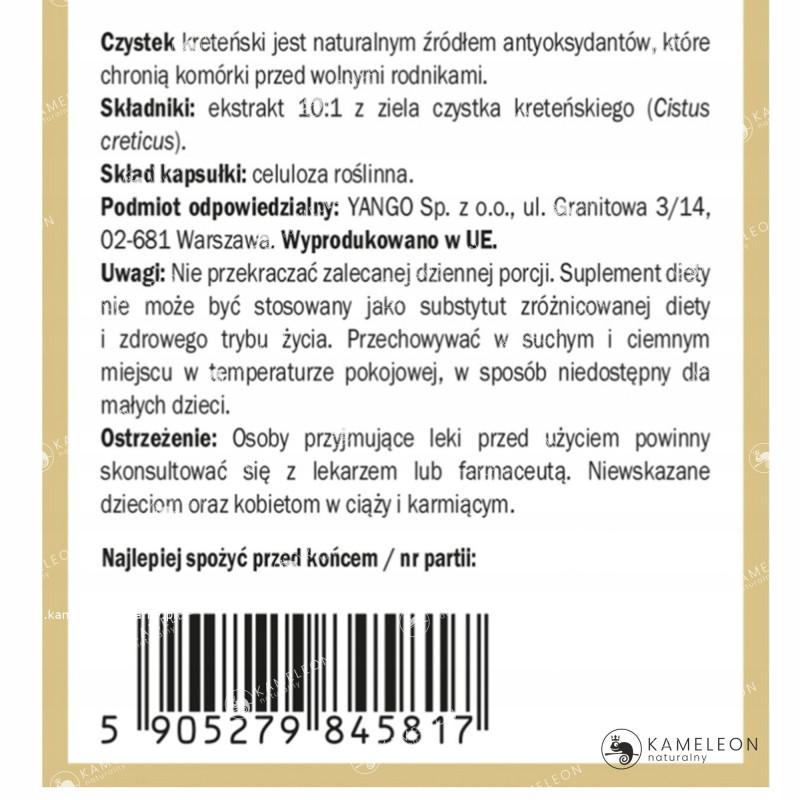 Yango CZYSTEK 400mg ekstrakt wsparcie: ODPORNOŚĆ WZMOCNIENIE 90kaps