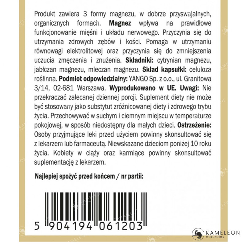 Yango MAGNEZ ORGANICZNY 3 FORMY MLECZAN CYTRYNIAN JABŁCZAN Magnezu 90 kaps