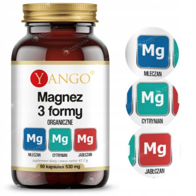 Yango MAGNEZ ORGANICZNY 3 FORMY MLECZAN CYTRYNIAN JABŁCZAN Magnezu 90 kaps