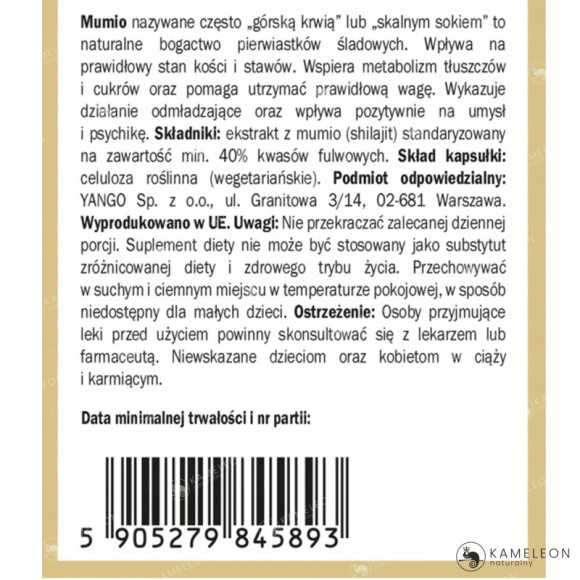 Yango MUMIO SHILAJIT 40% KWASÓW FULWOWYCH wsparcie: ODPORNOŚC MŁODOSĆ 90kps